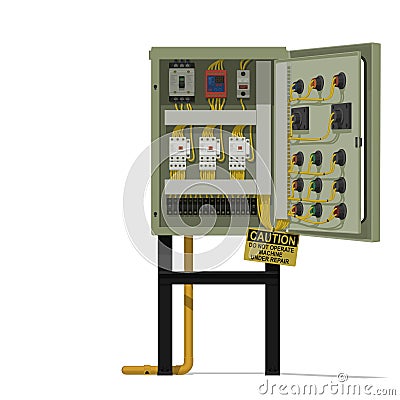 Isolated under repair electrical control cabinet on white background Vector Illustration