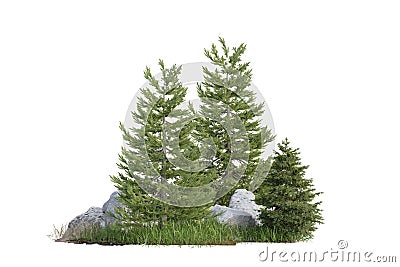 isolated unique tree small forest with small rock and small grass field Cartoon Illustration