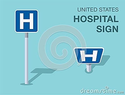 Isolated United States hospital sign. Front and top view. Vector Illustration