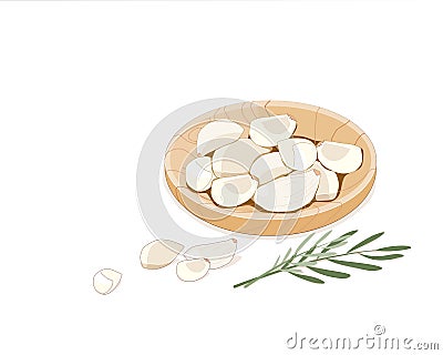 Isolated unpeeled garlic cloves in wooden plate with rosemary decoration on white background. Hand drawing food and herb ingredien Cartoon Illustration