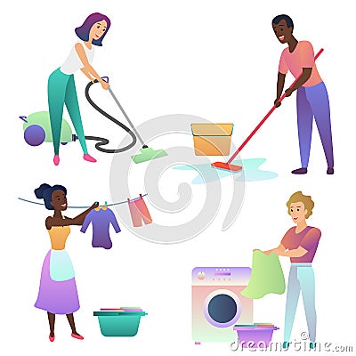 Isolated vector adult people cleaning up indoors. Cleaning home. Vector Illustration