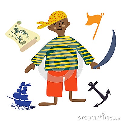 Isolated vector colorful design set of a pirate boy with ship, flag and map Vector Illustration