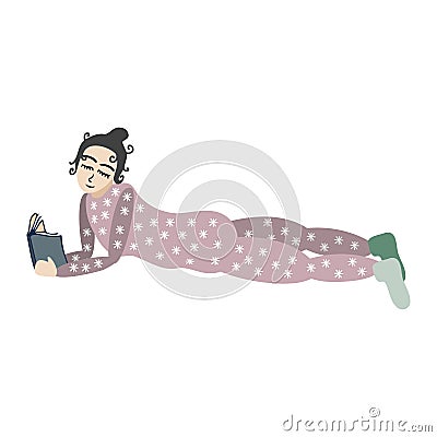 Isolated vector colorful illustration of a girl in purple pyjamas reading book Vector Illustration