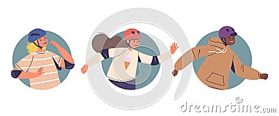 Isolated Vector Icons Or Avatars Of Cartoon Joyful Skater Kid Characters In Helmets, Exude Happiness And Playful Spirit Vector Illustration