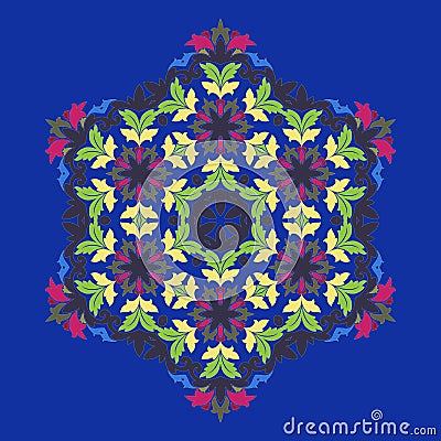 Isolated vector illustration. Abstract floral decor. Ornate six point star or mandala with vintage motifs Cartoon Illustration