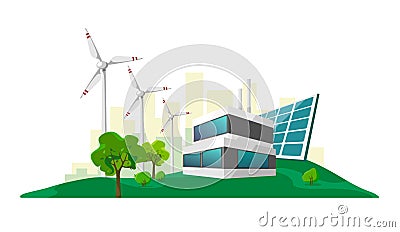 Isolated vector illustration of clean electric energy from renewable sources sun and wind on white. Power plant station buildings Vector Illustration