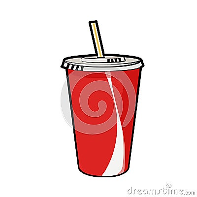 Isolated vector illustration of disposable red soda cup with straw. Vector Illustration