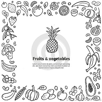 Hand-drawn frame with fruits, vegetables, and text in organic doodle style. Vector Illustration