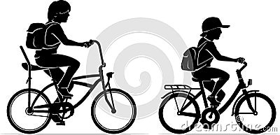 Vintage Kids Bike to School Cartoon Illustration