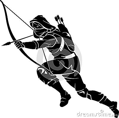 Medieval Hooded Archer, mid air action Vector Illustration