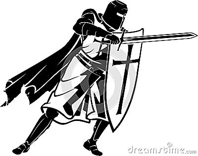 Crusader Soldier Defend, Medieval Fighter Vector Illustration