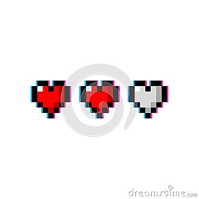 Pixel art 8-bit life three hearts red glitch set - isolated vector illustration Vector Illustration