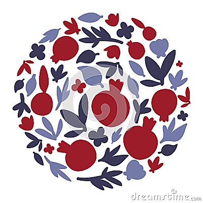 Isolated vector illustration. Round summer floral frame with stylized Pomegranate plants. Abstract circle with flowers Cartoon Illustration