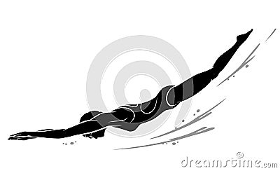 Female Swimmer Silhouette, Dive Underwater Vector Illustration