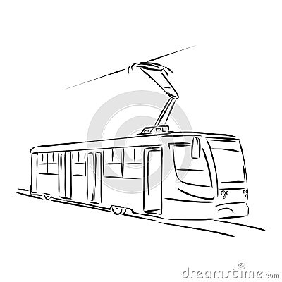 Isolated vector illustration of a tram. Public urban transportation. Hand drawn linear doodle ink sketch. Black silhouette on Cartoon Illustration