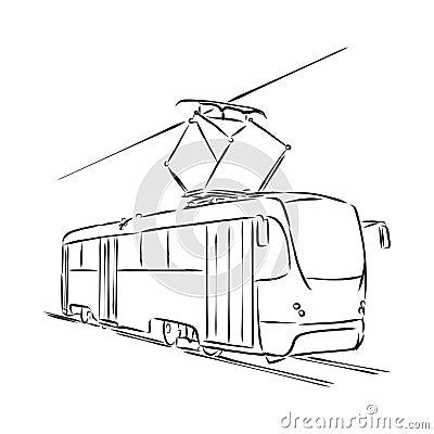 Isolated vector illustration of a tram. Public urban transportation. Hand drawn linear doodle ink sketch. Black silhouette on Cartoon Illustration