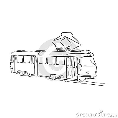 Isolated vector illustration of a tram. Public urban transportation. Hand drawn linear doodle ink sketch. Black silhouette on Cartoon Illustration