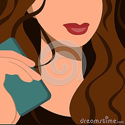 A young girl is calling on the phone. Isolated vector illustrations with a brunette close-up. Bright lips, dark hair Vector Illustration