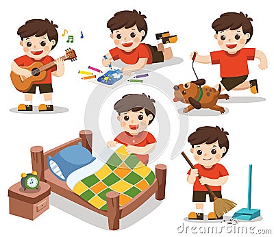 The daily routine of A cute boy on a white background. Vector Illustration