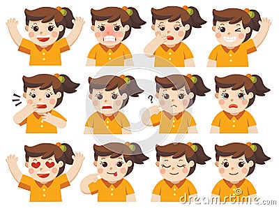 Set of Adorable Girl facial emotions. Vector Illustration