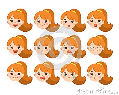 Set of Adorable Girl facial emotions. Girl face with different expressions. Schoolgirl portrait avatars. Variety of emotions teen Vector Illustration