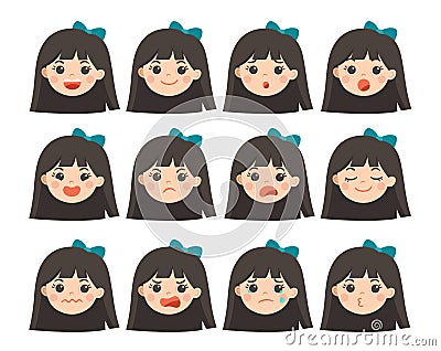 Set of Adorable Girl facial emotions. Girl face with different expressions. Schoolgirl portrait avatars. Variety of emotions teen Vector Illustration