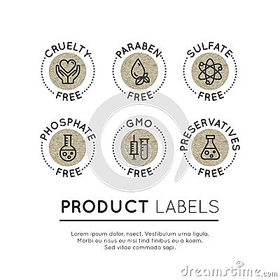 Logo Set Badge Ingredient Warning Label Icons. GMO, SLS, Paraben, Cruelty, Sulfate, Sodium, Phosphate, Silicone Vector Illustration