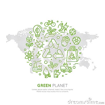Logo Set Badge Recycling Ecological Concept. One Page Web Site Template Banner with Global Map, Infographic Poster Stock Photo