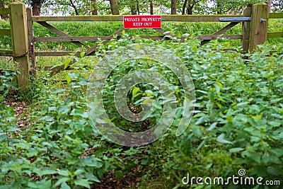 Isolated view of a newly installed Private Property sign seen attached to a timber built meadow gate. Editorial Stock Photo