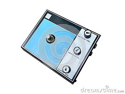Isolated vintage black and blue octave stompbox electric guitar effect for studio and stage performed on white background Stock Photo
