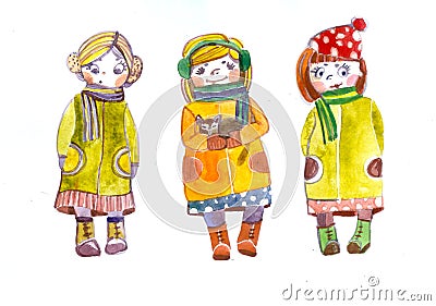 Isolated watercolor bady girls in warm clothes Stock Photo