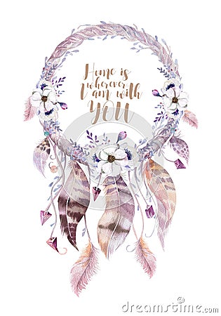 Isolated Watercolor decoration bohemian dreamcatcher. Boho feathers. Native dream chic design. Mystery etnic tribal print. Tribal Stock Photo