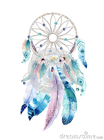 Isolated Watercolor decoration bohemian dreamcatcher. Boho feathers decoration. Native dream chic design. Mystery etnic tribal pr Stock Photo