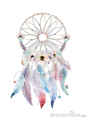 Isolated Watercolor decoration bohemian dreamcatcher. Boho feathers decoration. Native dream chic design. Mystery etnic tribal pr Stock Photo