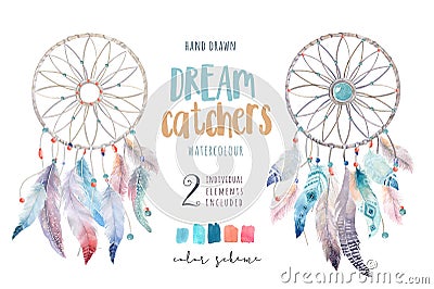 Isolated Watercolor decoration bohemian dreamcatcher. Boho feathers decoration. Native dream chic design. Mystery etnic tribal pr Stock Photo
