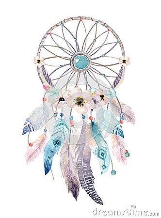 Isolated Watercolor decoration bohemian dreamcatcher. Boho feathers decoration. Native dream chic design. Mystery etnic tribal pr Stock Photo