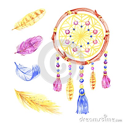 Isolated Watercolor decoration bohemian dreamcatcher. Boho feathers decoration. Native dream chic design. Mystery etnic Stock Photo