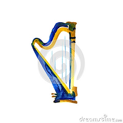 Isolated watercolor harp on white. Beautiful classic instrument. Stock Photo