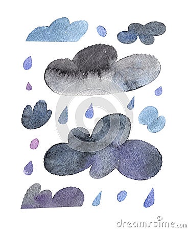 Isolated watercolor illustration of clouds and rain drops set for weather forecast on white background with clipping mask Cartoon Illustration