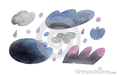 Isolated watercolor illustration of clouds and rain dropsset for weather forecast on white background with clipping mask Cartoon Illustration