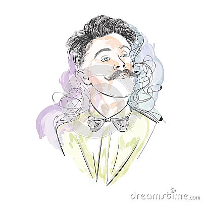 Isolated watercolor sketch of a hipster with bowtie and mustache Vector Vector Illustration