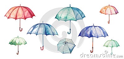 Isolated watercolor umbrellas canes. Rainy day colorful accessories, umbrella decorative icons. Fashion weather elements Vector Illustration