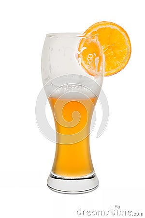 Isolated Wheat Beer, Half Full with Orange Slice Stock Photo