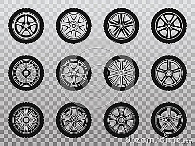 Isolated wheel, tyre and tire collection of icons. Vector Illustration