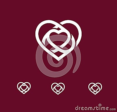 Isolated white abstract monoline heart logo set. Love logotypes. St. Valentines day icon. Wedding symbol. Amour sign Vector Illustration