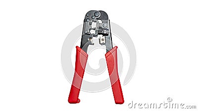 Isolated on white background Crimping tool for crimping internet cable. Crimping pliers for modular connectors. Equipment Stock Photo