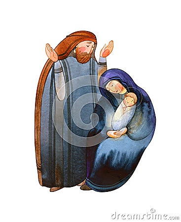 Isolated on a white background holy family: Joseph, Mary the Mother of God with the baby Jesus Christ. For Christian Christmas Cartoon Illustration