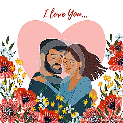 Isolated on white background hugging couple in heart and many flowers. Cute flat valentines day vector illustration Vector Illustration