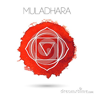 Isolated on white background illustration of one of the seven chakras - Muladhara. Watercolor hand painted texture. Vector Illustration