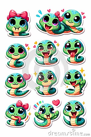 On an isolated white background sticker pack of funny cute characters of snakes. Cartoon reptiles Stock Photo